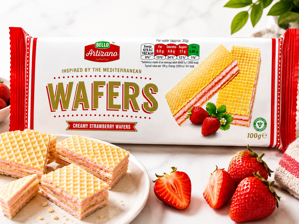 BELLO Creamy Strawberry Wafers 3 x 100g – Crispy Wafers with Strawberry Cream